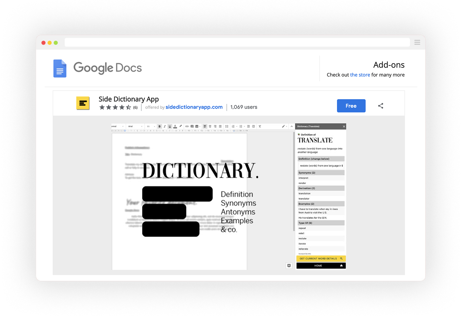 screenshot of Dictionary app on Chrome Web Store